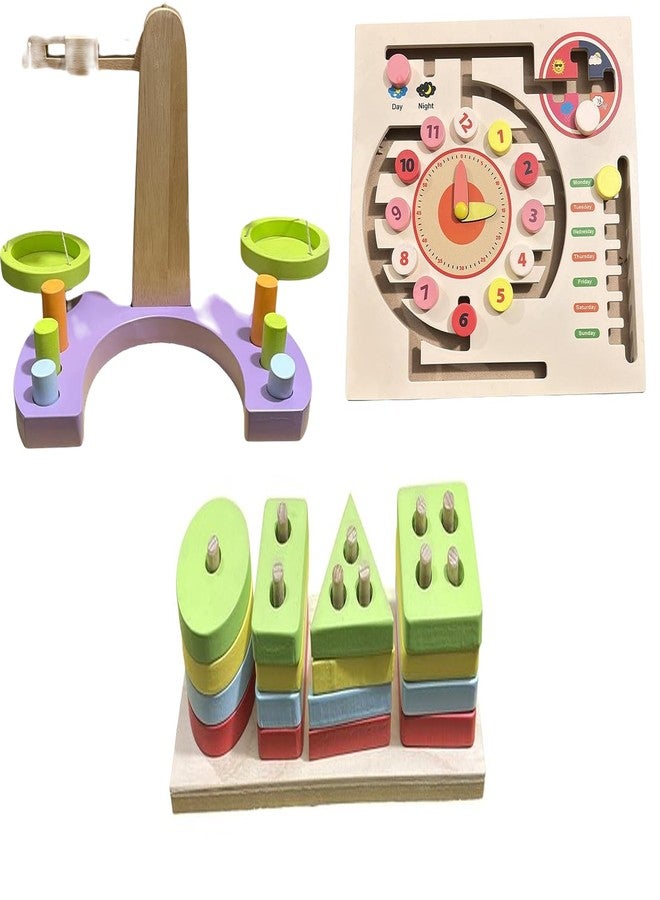 Kinder Creative Wooden Weighing Scale for Kids,Maze Game Weather Calendar Clock Puzzle,Geometrical Column Blocks for Toddlers, Educational Puzzle and Toys for Kids Pack of 3 - Image 1